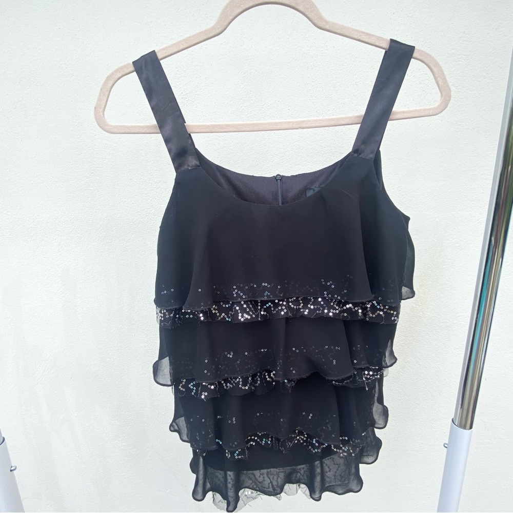 Y2K Black Ruffled Silver Sequin Tank Top Size Small